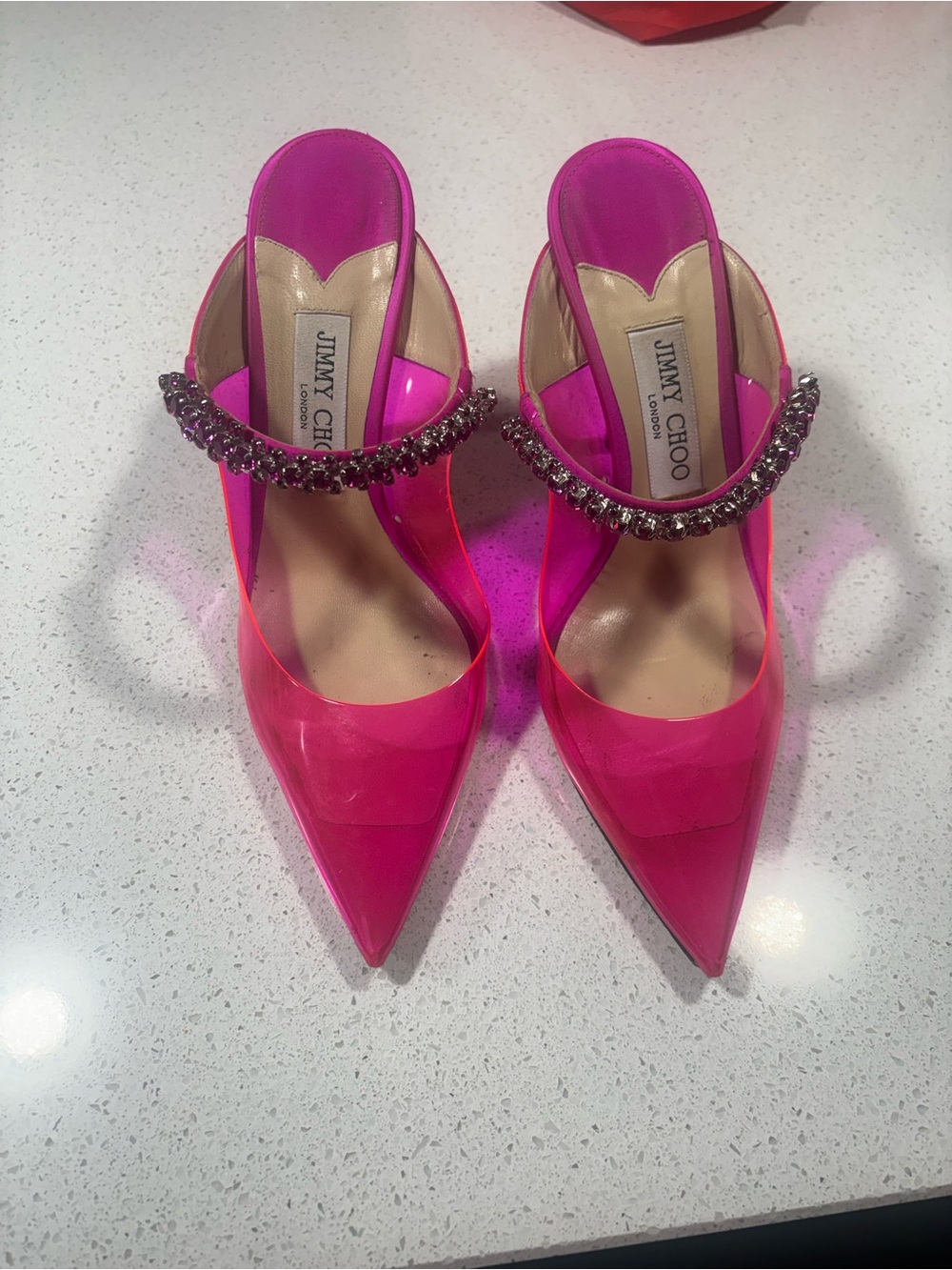 Jimmy Choo Fuchsia Jeweled PVC Pointed Mules